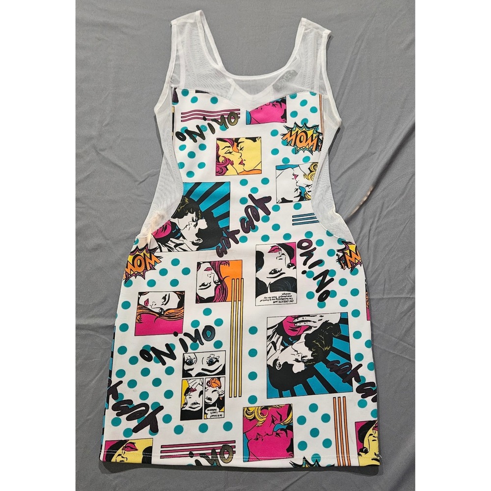 Joyce Pop Art Comic Print Mini Dress Women Large White Multi Good Mesh Panel